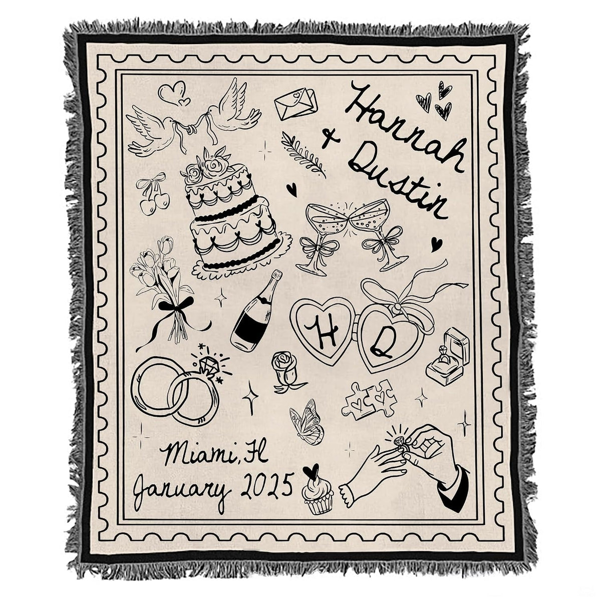 Close-up of textured background and colorful border fringe on a wedding keepsake blanket