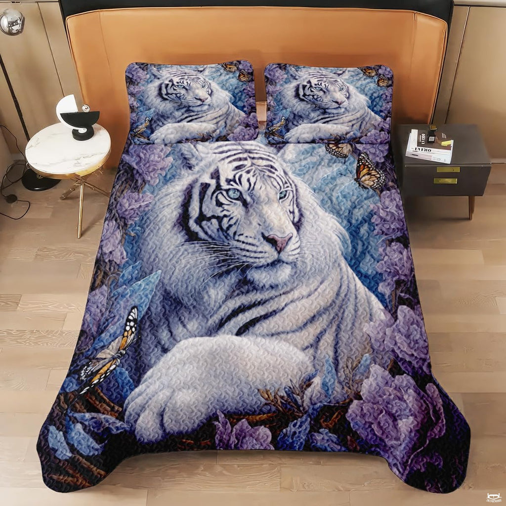 Top-down overhead view of serene white tiger resting amidst purple botanicals and butterflies.
