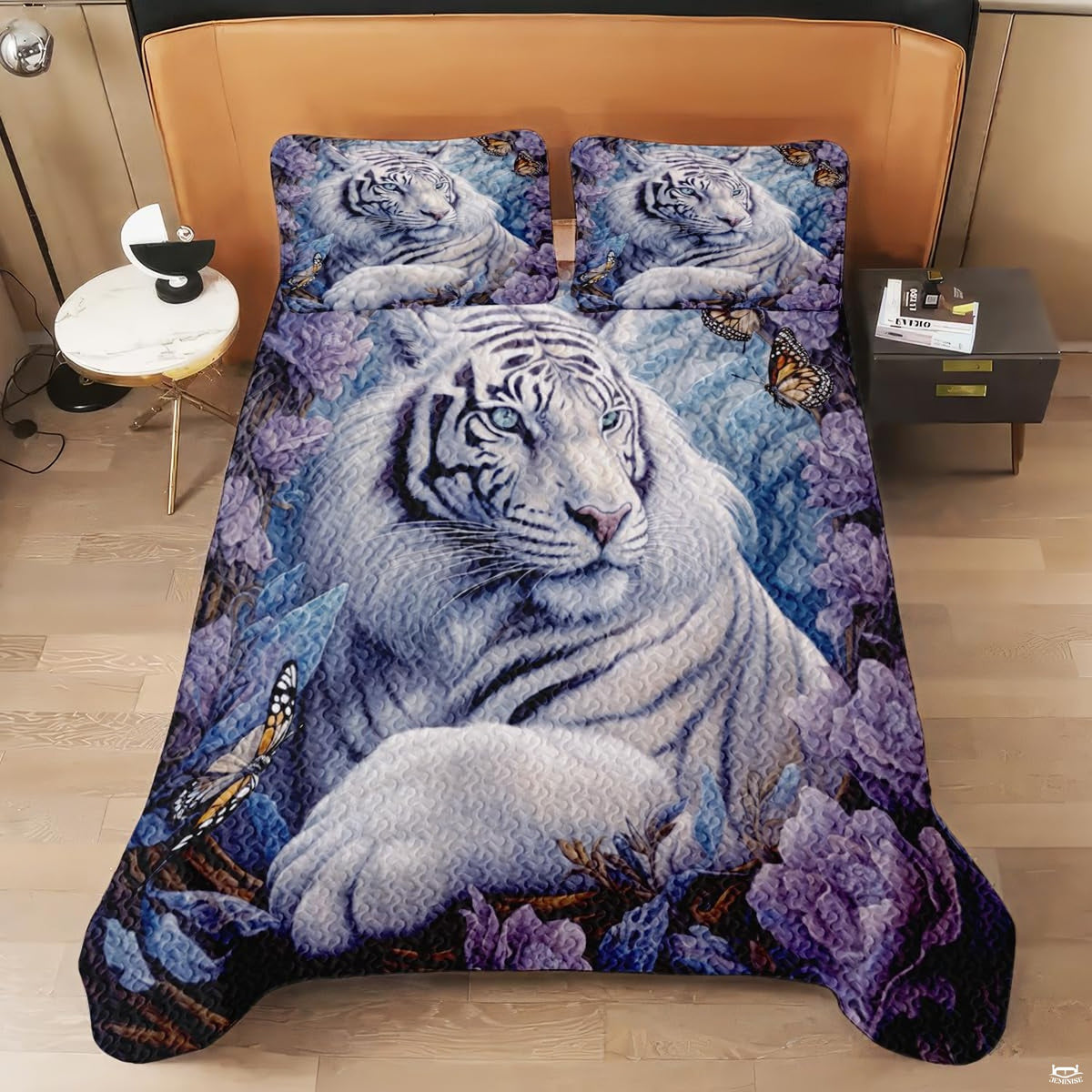 Top-down overhead view of serene white tiger resting amidst purple botanicals and butterflies.