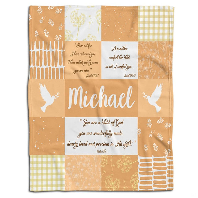 Peace dove honey peach gingham blanket flat lay on white background
