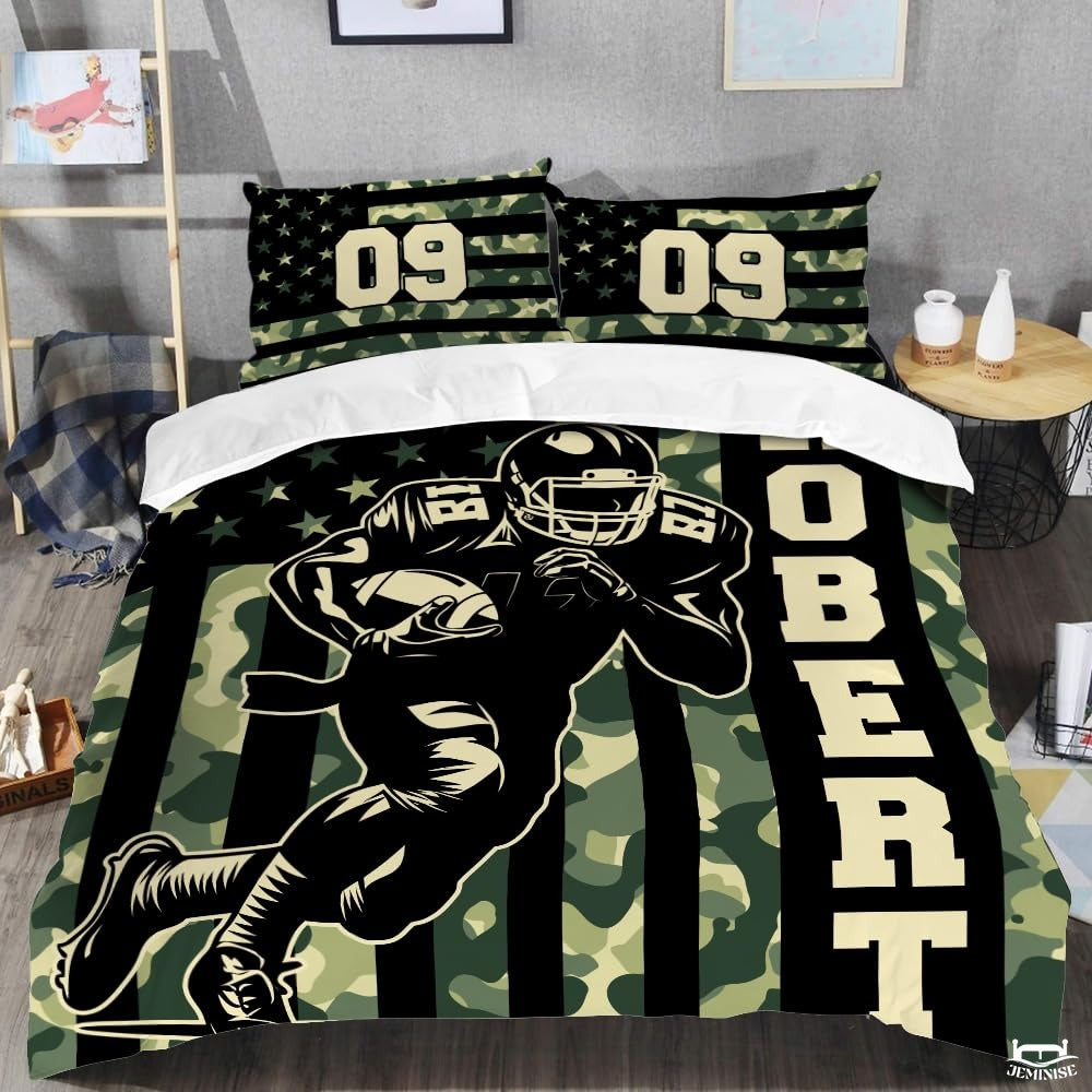 Custom Football Player Running on Camouflage Flag Comforter