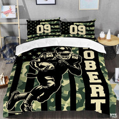 Custom Football Player Running on Camouflage Flag Comforter