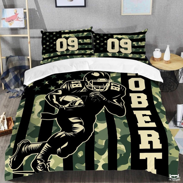 Custom Football Player Running on Camouflage Flag Comforter