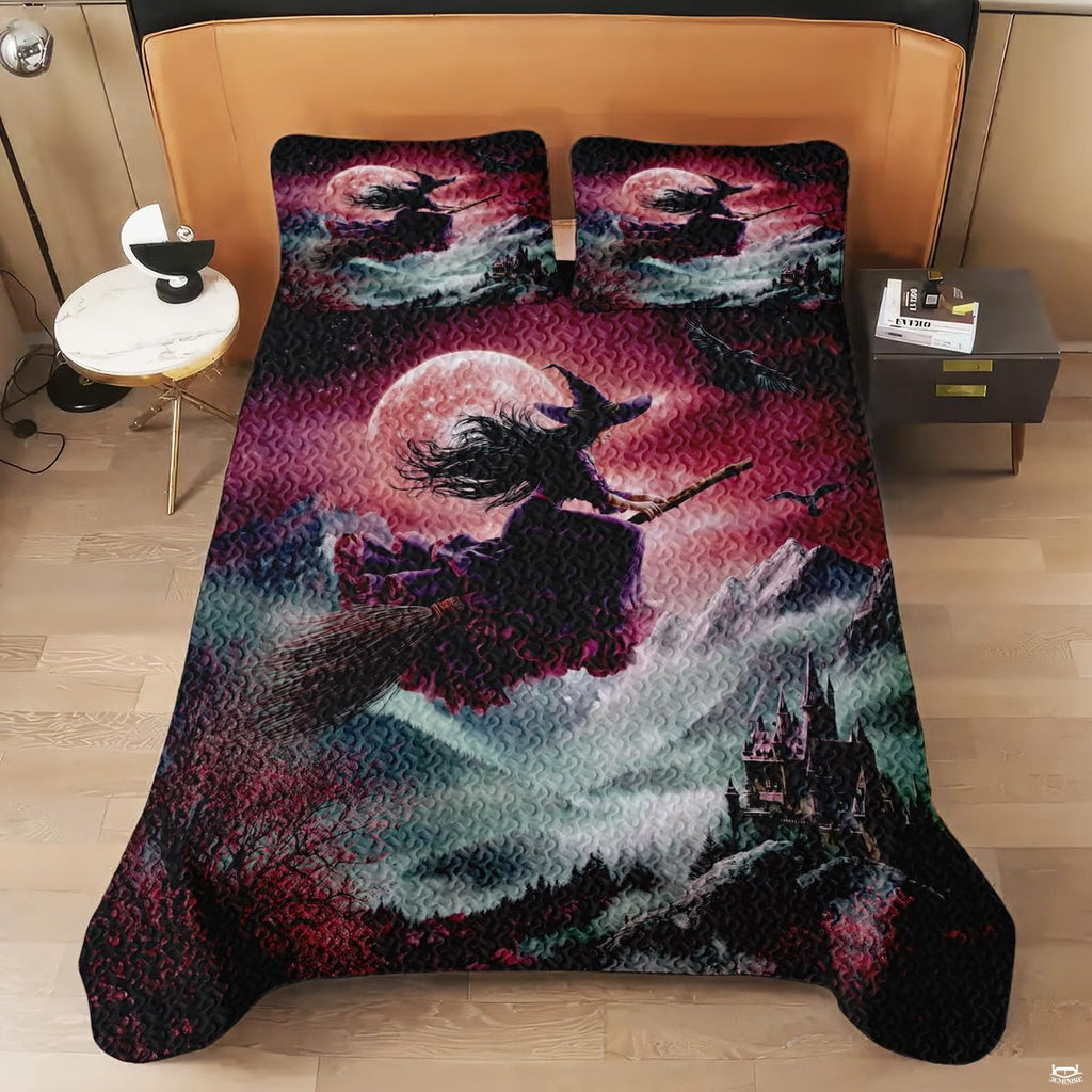 Witch quilt shown on a modern bed