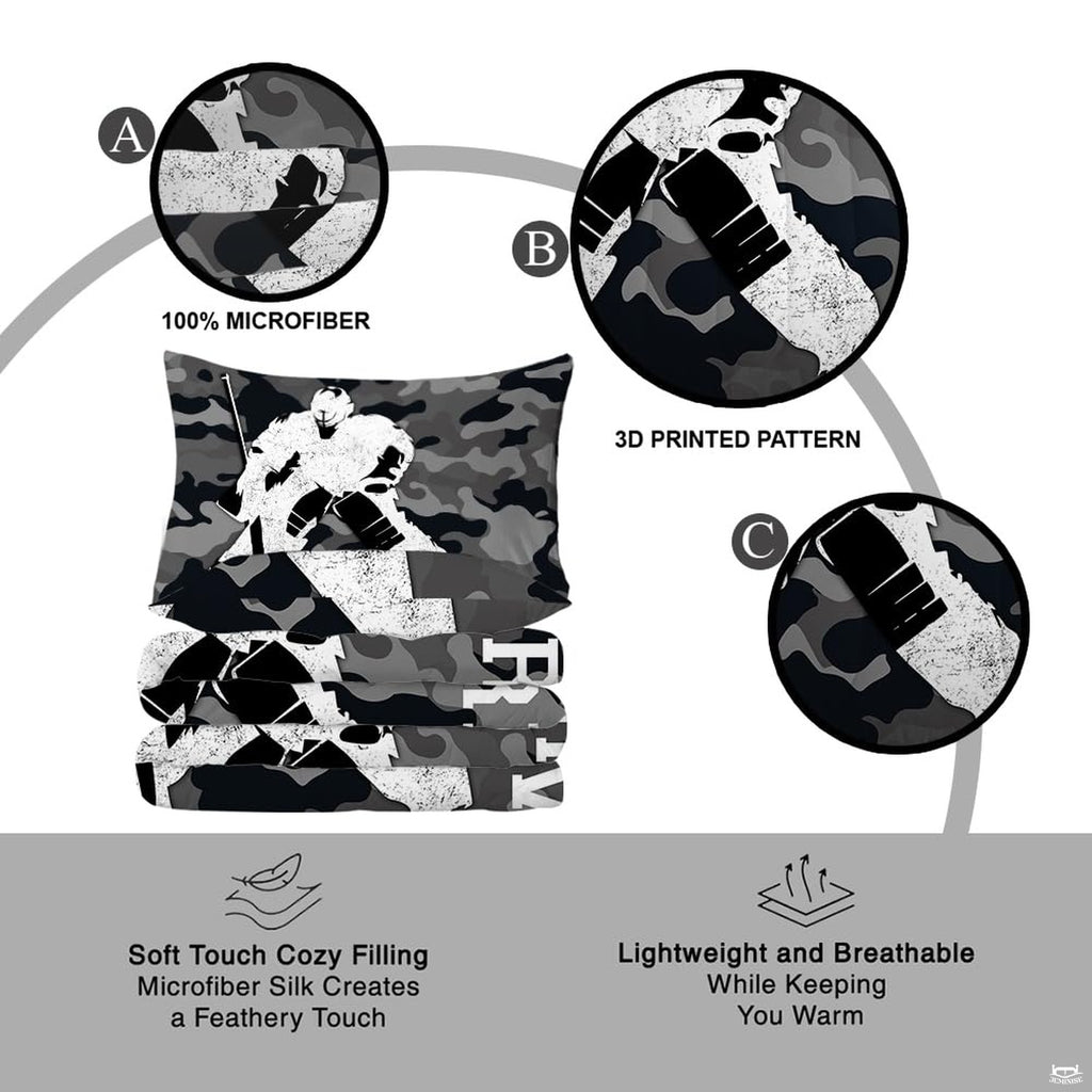 Coordinated pillow sham displaying arctic camo hockey graphics from the sports bedding set