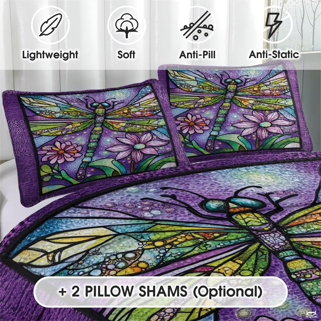 Dragonfly Pattern Quilt Set, Dragonflies Vintage Quilt Set Patchwork Style, Purple Patchwork Pattern Cotton Quilt Bedspread, Dragonfly Bedding Blanket for Daughter/Mother, Grandma