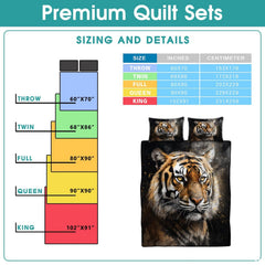 Tiger portrait beside a sizing information graphic