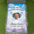 Memorial angel wings grave blanket featuring glowing heart frame, drifting feathers, and purple butterflies.