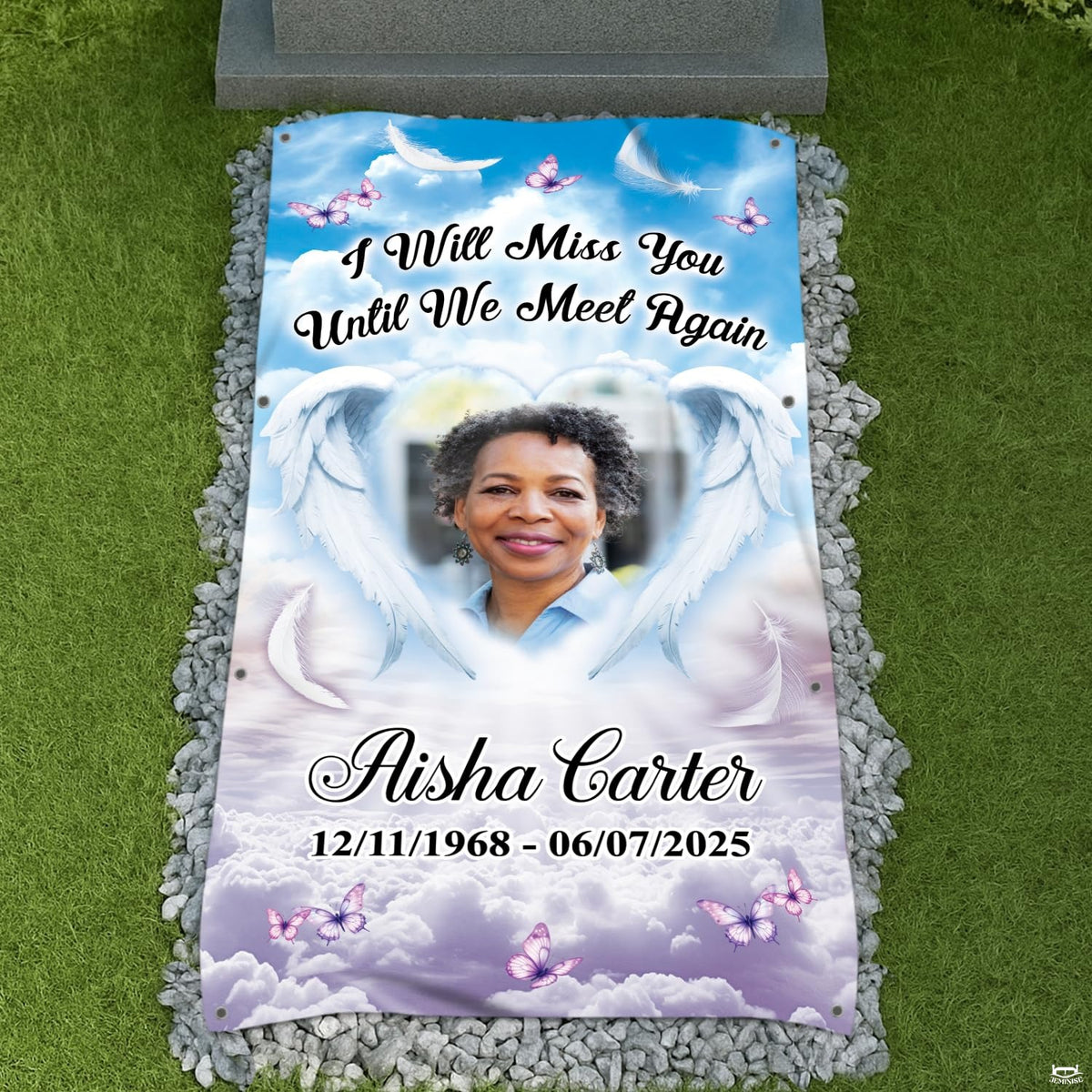 Memorial angel wings grave blanket featuring glowing heart frame, drifting feathers, and purple butterflies.