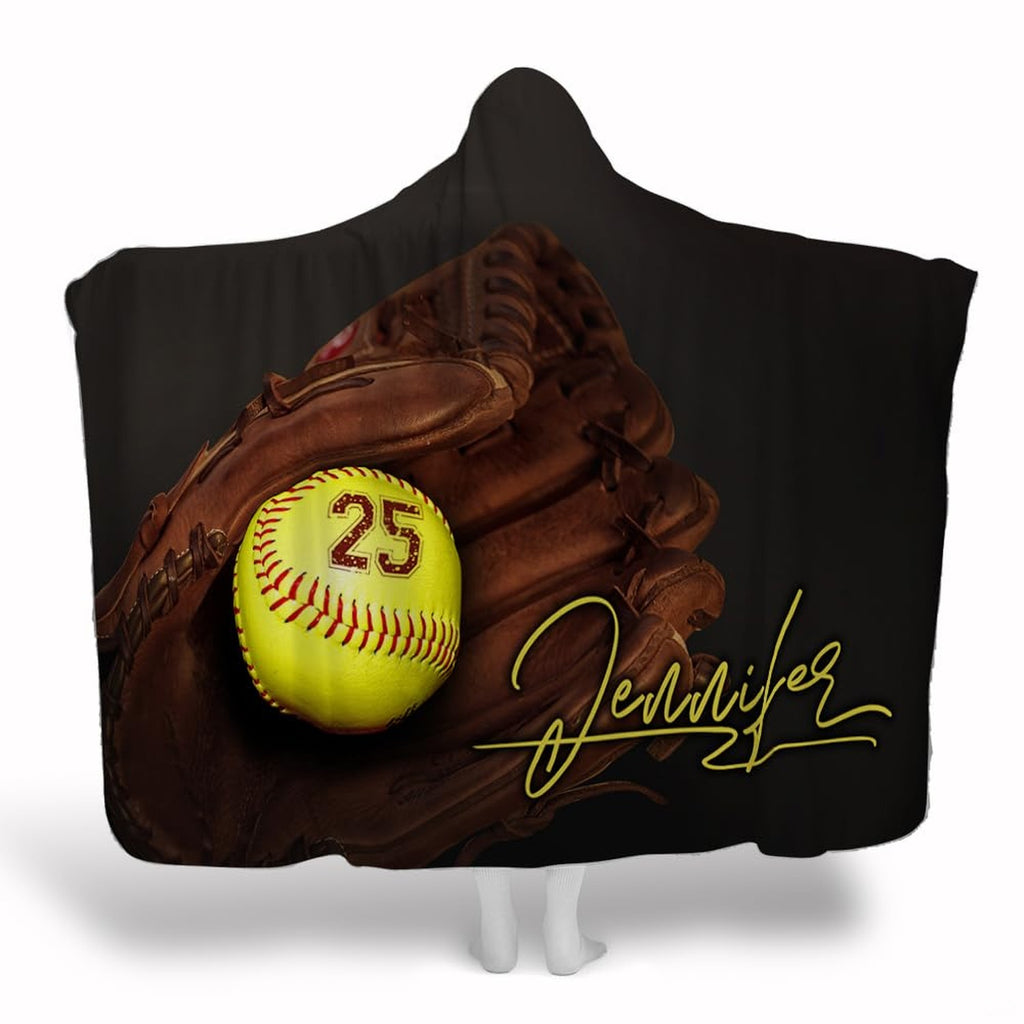 Softball glove blanket featuring a realistic brown glove cradling an optic yellow softball on black background.