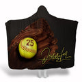 Softball glove blanket featuring a realistic brown glove cradling an optic yellow softball on black background.