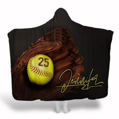 Softball glove blanket featuring a realistic brown glove cradling an optic yellow softball on black background.