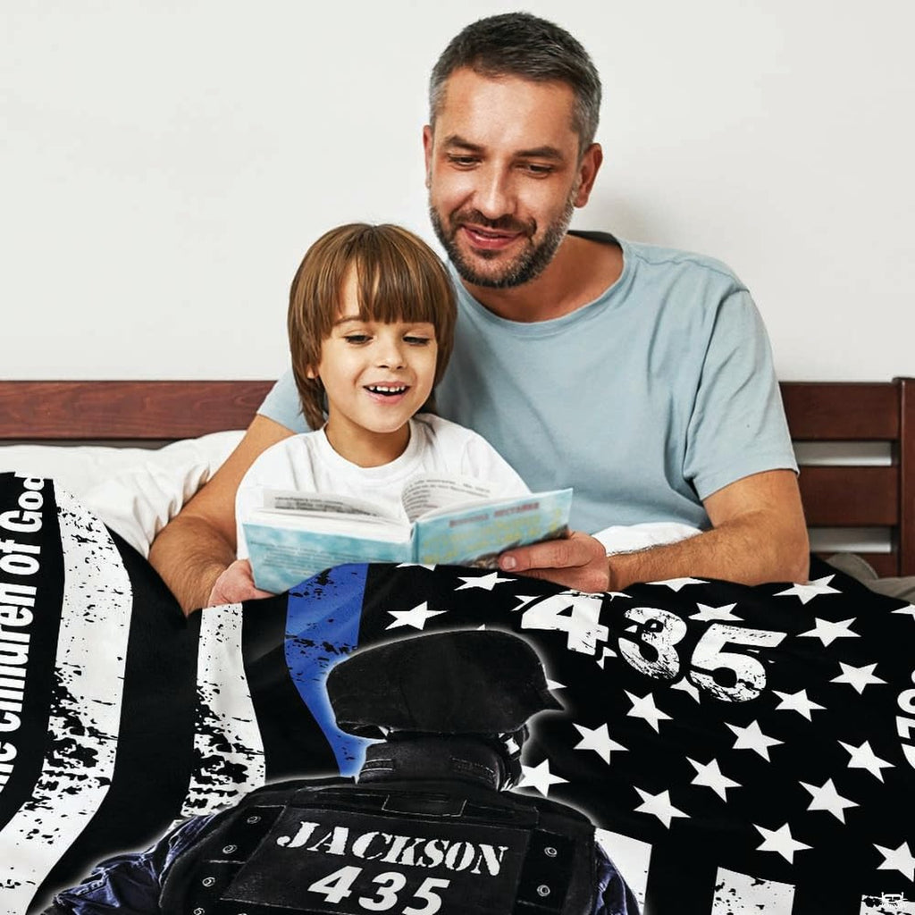 Law enforcement tribute bedroom accent displaying patriotic stars and distressed thin blue line graphics.