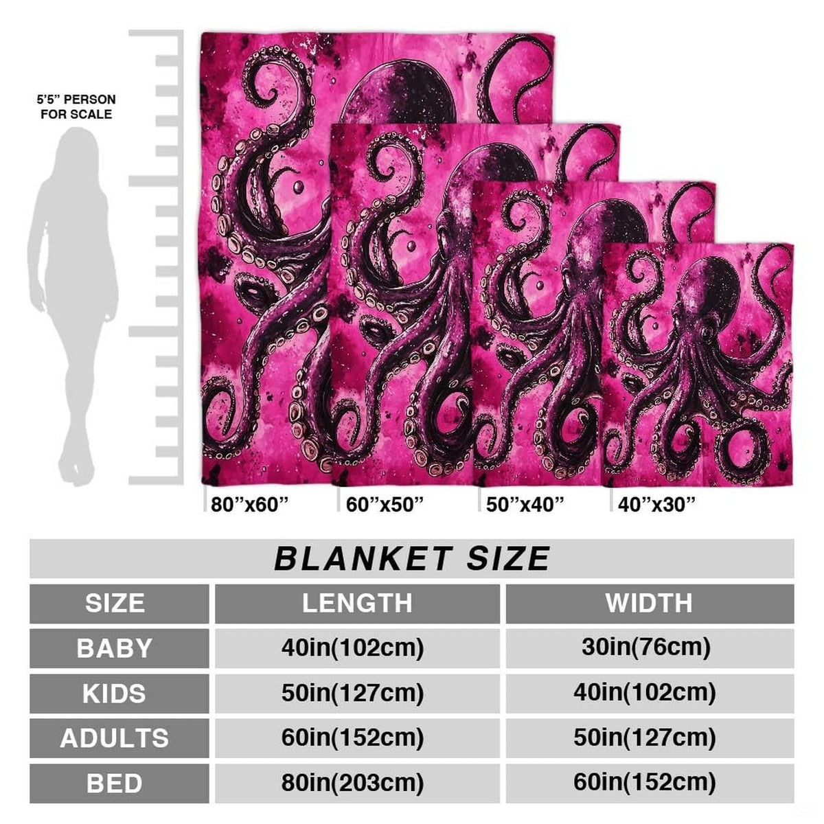 Dimension reference guide displaying various available sizing options.