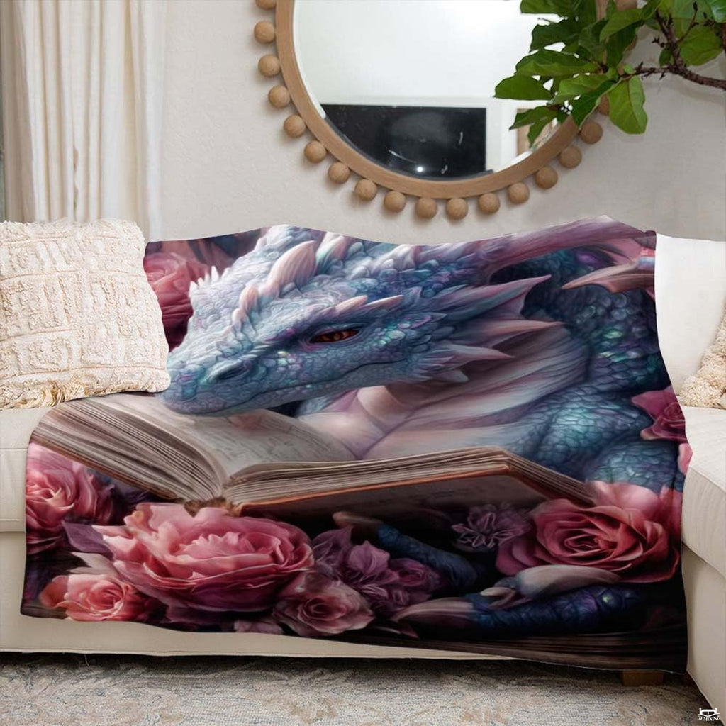 Mythical dragon and pink rose artwork draped across living room furniture