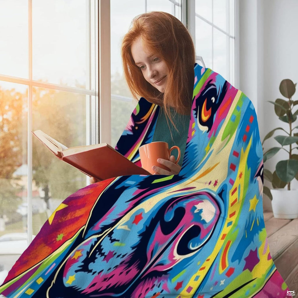 Close-up perspective of colorful pit bull face artwork on bedding with stars and bright psychedelic accents.