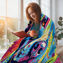 Close-up perspective of colorful pit bull face artwork on bedding with stars and bright psychedelic accents.