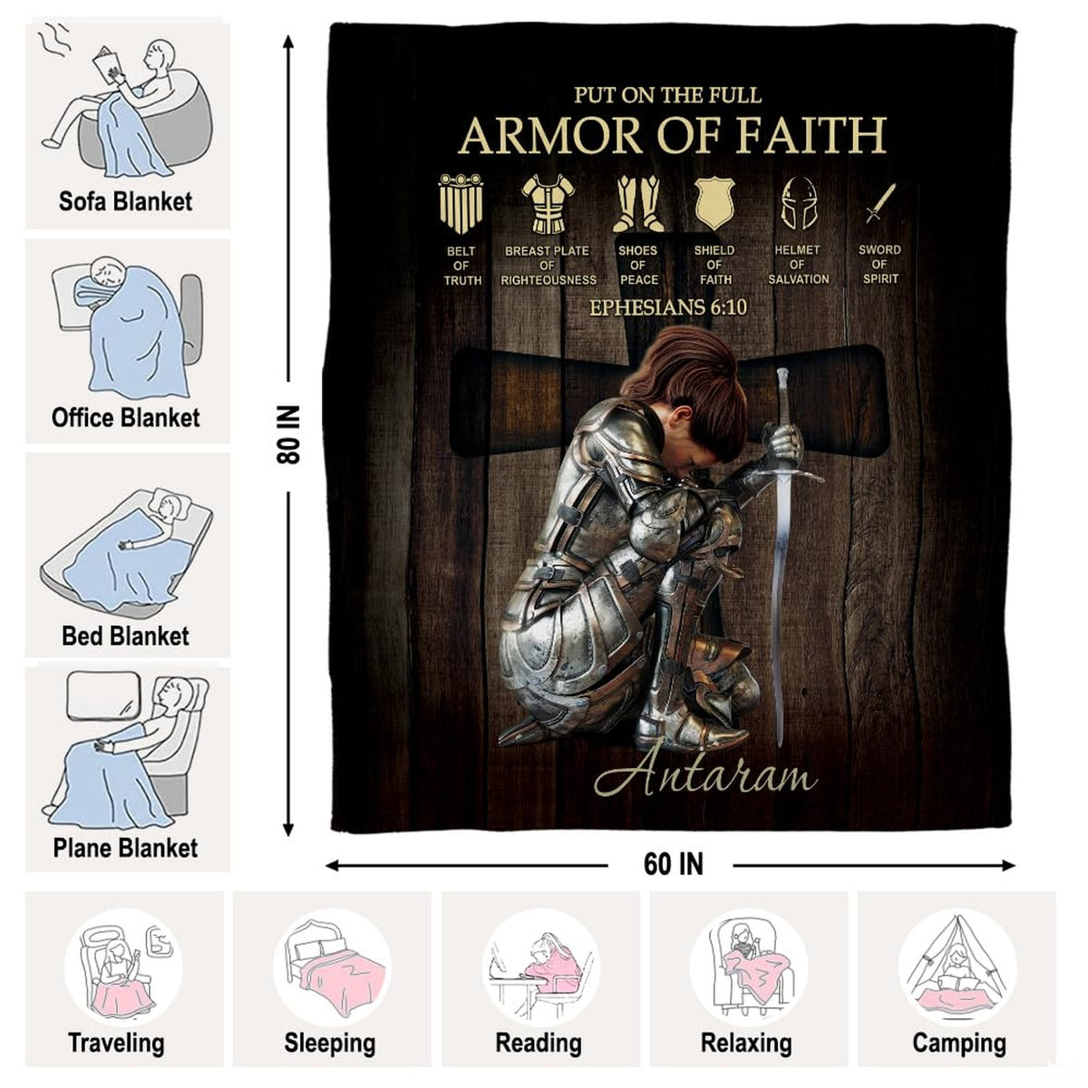 Full graphic layout of the kneeling knight devotional throw blanket.