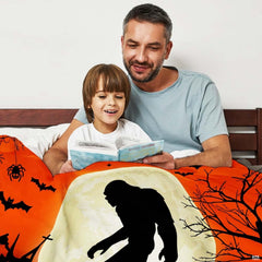 Atmospheric spooky bedding sets design with Sasquatch, flying bats, spider webs, and haunted church artwork.