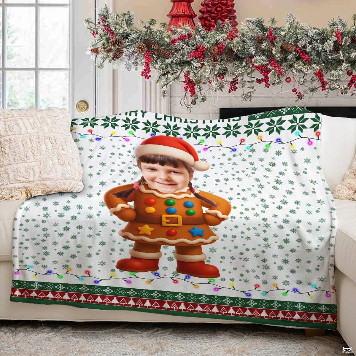 Festive gingerbread holiday blanket displayed in a Christmas living room setting