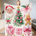 Pink Christmas bedding set with watercolor Santa Claus, evergreen tree, and gingerbread cookie motifs.