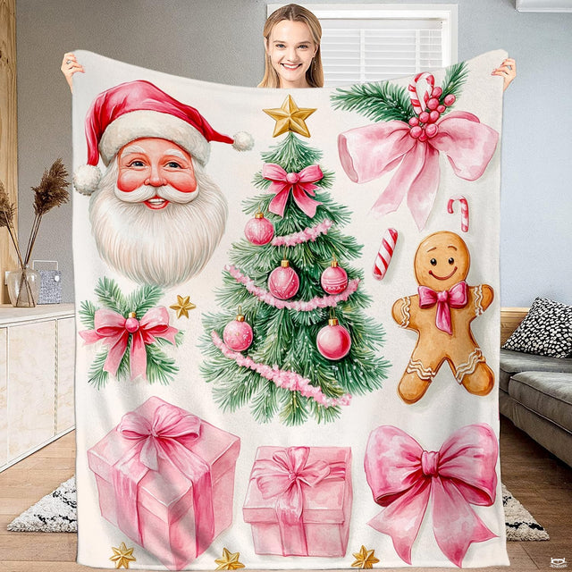 Pink Christmas bedding set with watercolor Santa Claus, evergreen tree, and gingerbread cookie motifs.
