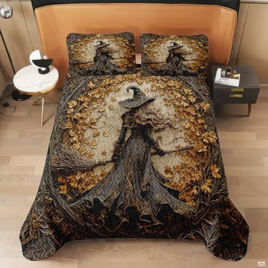 Witch Throw Quilt Set – Vintage Gothic Style Fall Bedspread for Autumn Bedroom Decor, Halloween Witch Bedding, Magical Patchwork Pattern, Soft Lightweight Twin, Full, Queen Sizes (Color 16)