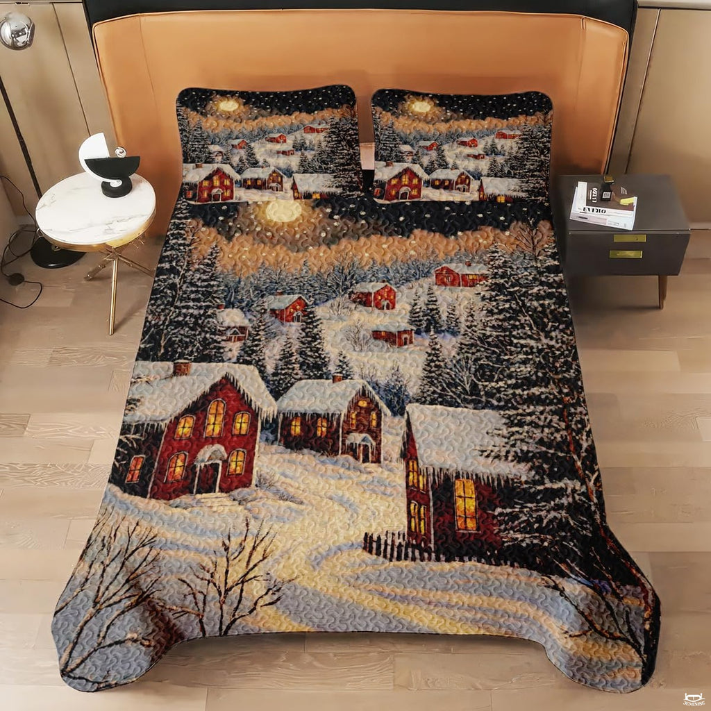 Full bedroom display of rustic taupe snowman bedding styled with festive seasonal winter decor