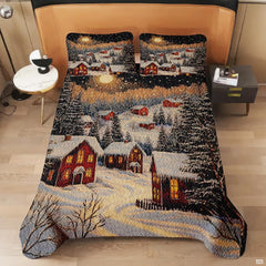 Full bedroom display of rustic taupe snowman bedding styled with festive seasonal winter decor