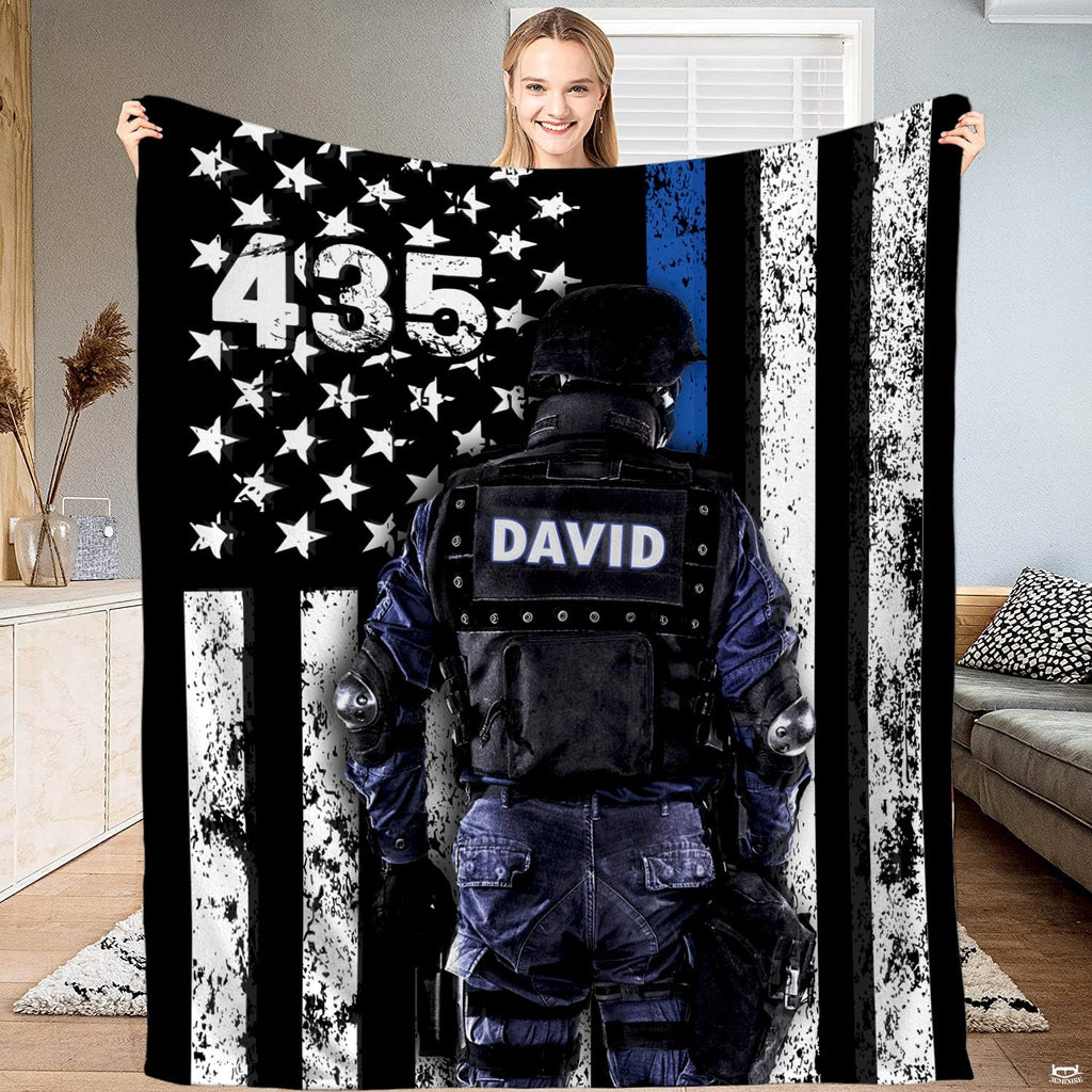Tactical police officer Thin Blue Line flag blanket held upright