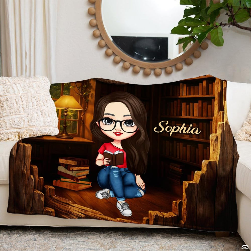 Illustrated book stacks on polished floorboards coordinating with a wooden bed set with storage.