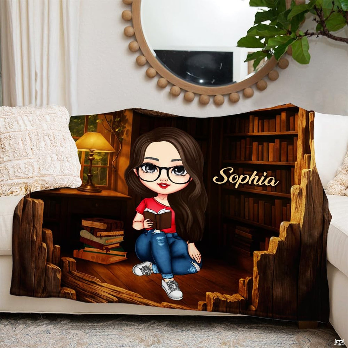 Illustrated book stacks on polished floorboards coordinating with a wooden bed set with storage.