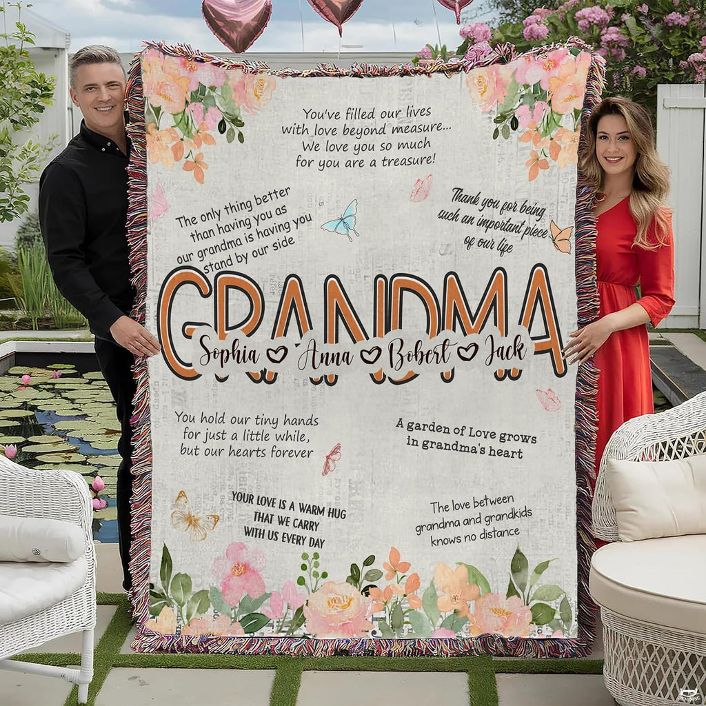 Grandma botanical floral garden family tribute blanket showing watercolor peach peonies view 1
