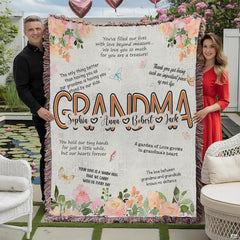 Grandma botanical floral garden family tribute blanket showing watercolor peach peonies view 1