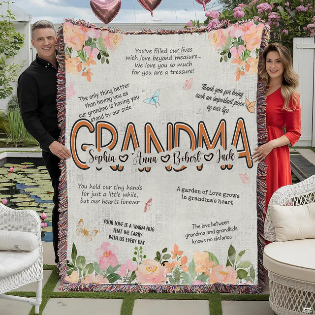 Grandma botanical floral garden family tribute blanket showing watercolor peach peonies view 1