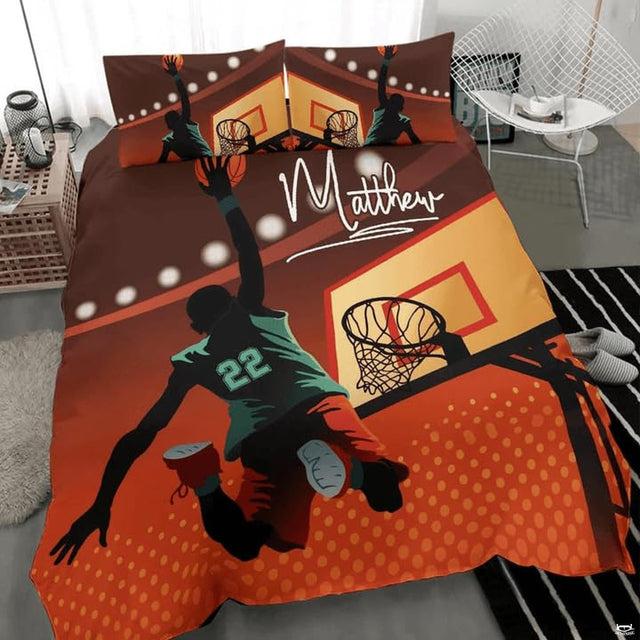 Close-up perspective of sports bedding detailing retro halftone dot pattern, teal jersey, and basketball net