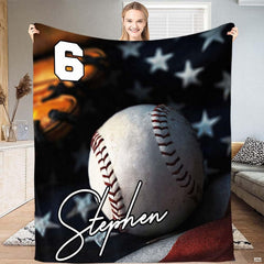 Patriotic baseball throw blanket view 2 highlighting stars and stripes flag, baseball details, and glove styling