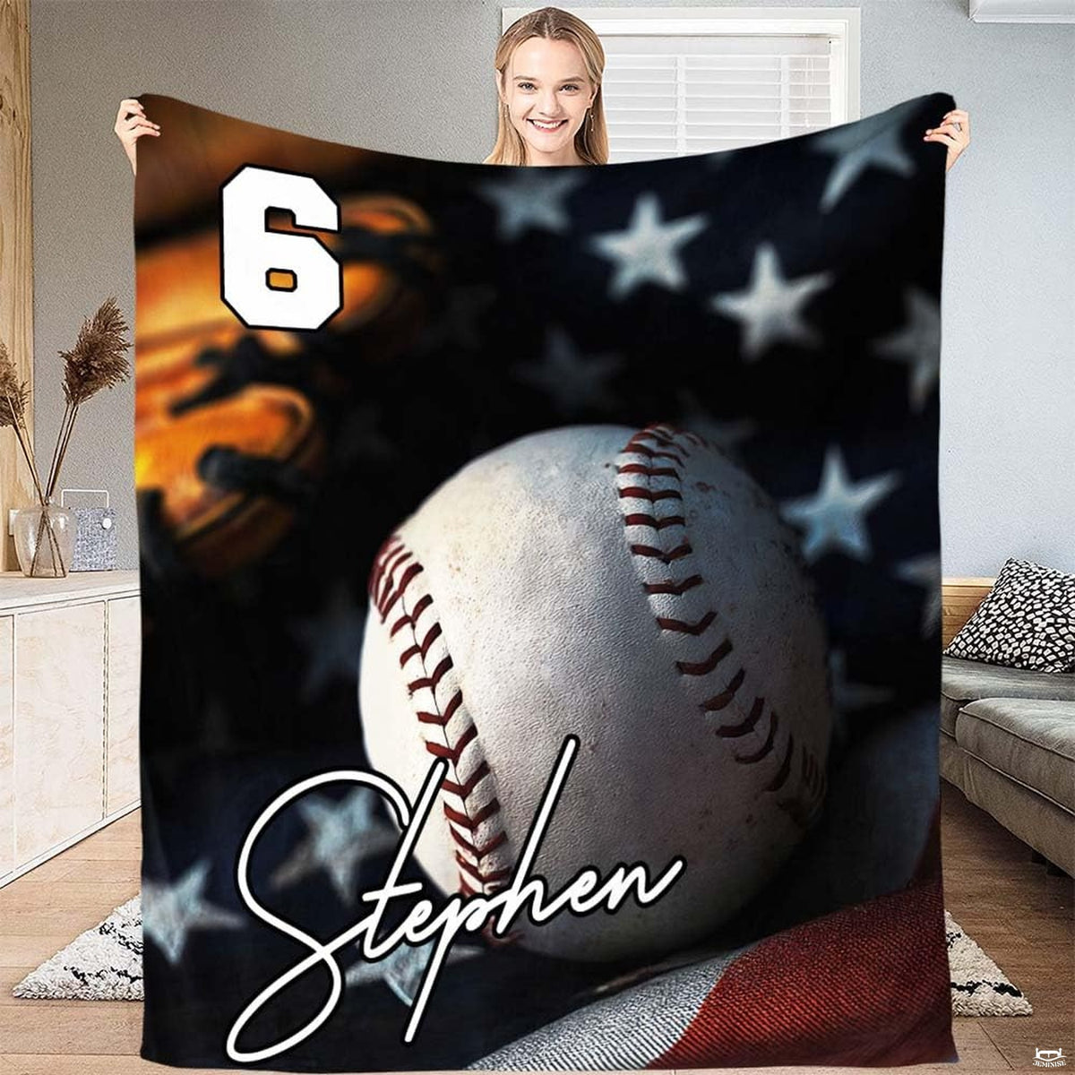 Patriotic baseball throw blanket view 2 highlighting stars and stripes flag, baseball details, and glove styling