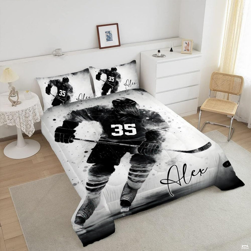 Close-up perspective of black and white athletic skater watercolor splash artwork on bedding set display.