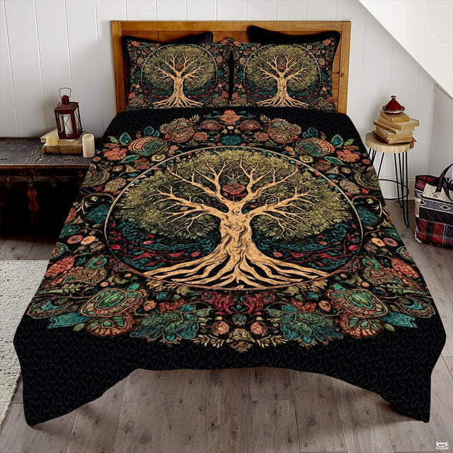 Bohemian Celtic Tree of Life bedding featuring a golden circular mandala and floral borders on a bedroom bed