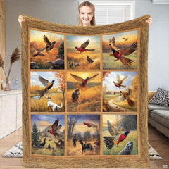 Nine-panel collage of flying pheasants, hunting dogs, and golden autumn fields, view 1.