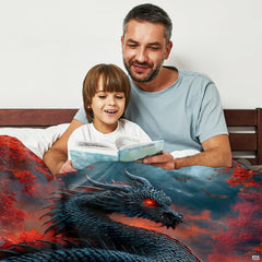 Close-up perspective of black dragon head and glowing pumpkin on throw blanket