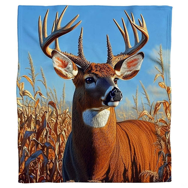 Folded wildlife throw blanket showing the detailed deer head and antler illustration