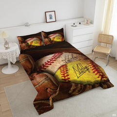 Close-up perspective of baseball bedding highlighting chocolate brown helmet illustration and ball lacing
