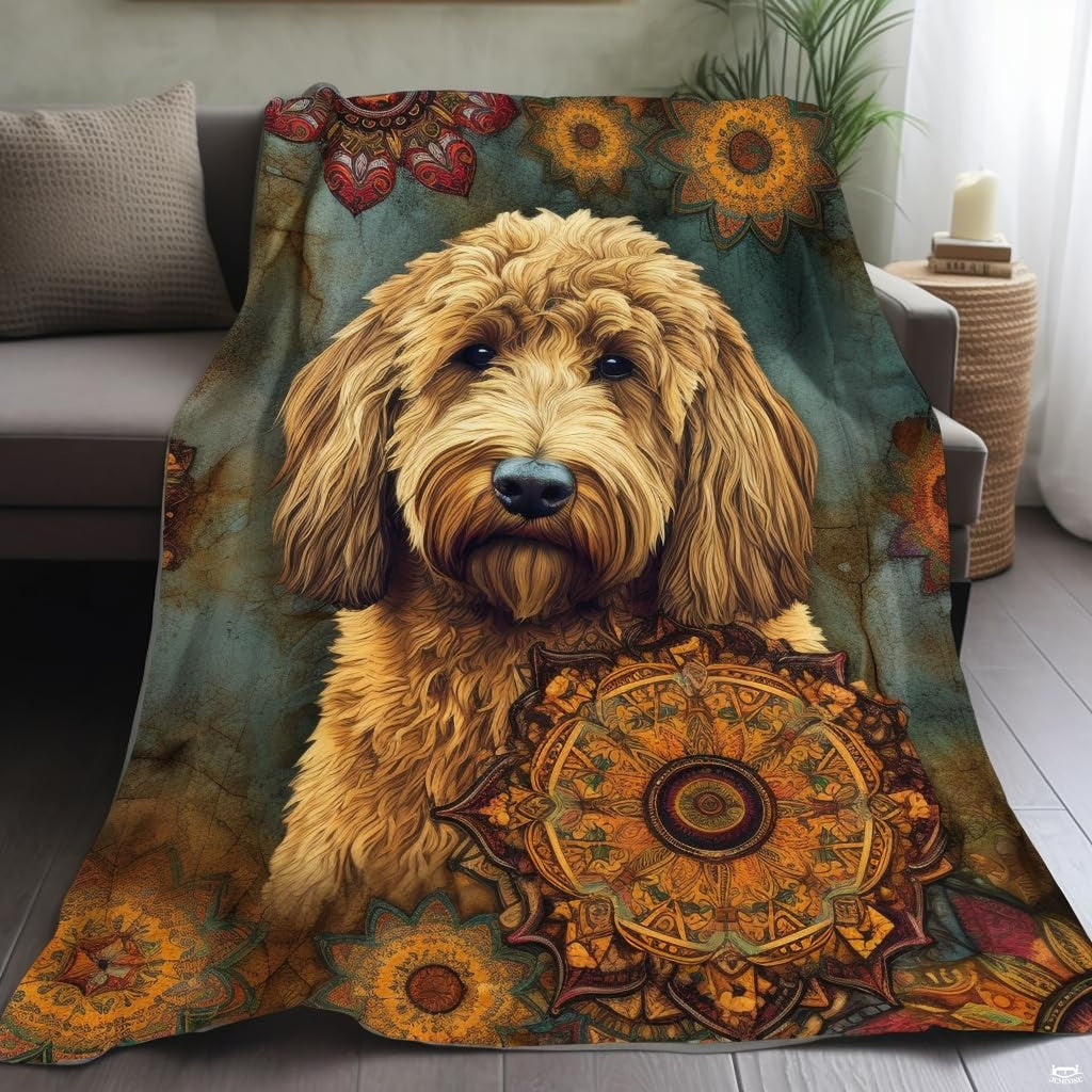 Boho sun medallion golden doodle dog blanket draped over sofa
