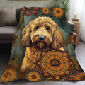 Boho sun medallion golden doodle dog blanket draped over sofa