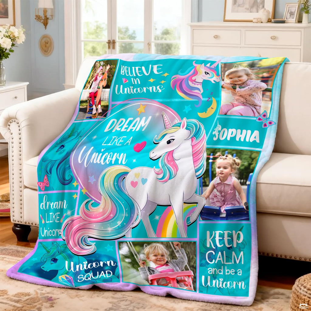 Vibrant unicorn graphic throw blanket draped neatly over a cream living room armchair.