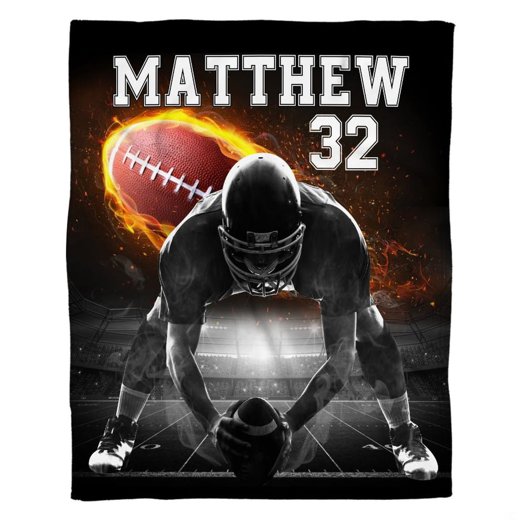 Football lineman throw blanket view 2 highlighting offensive center stance, flaming football, and stadium lights