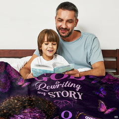 Bedroom arrangement showcasing rich dark violet floral artwork with ethereal floating butterfly accents.