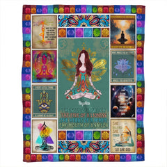 Close-up detail of lotus posture artwork, sacred geometry mandalas, and vibrant rainbow chakra icons.